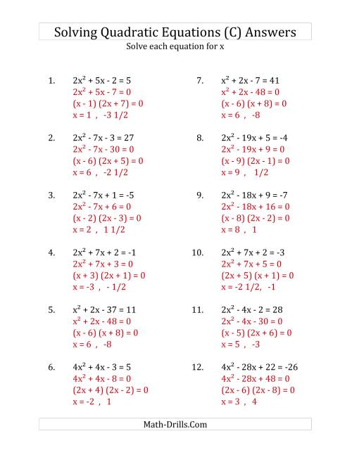 The Solving Quadratic Equations for x with 'a' Coefficients up to 4 (Equations equal an integer) (C) Math Worksheet Page 2