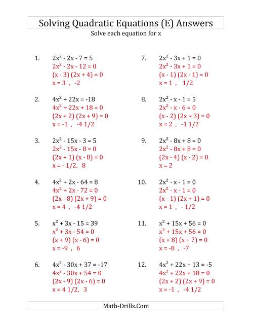 The Solving Quadratic Equations for x with 'a' Coefficients up to 4 (Equations equal an integer) (E) Math Worksheet Page 2