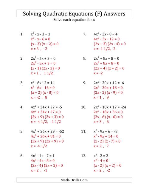 The Solving Quadratic Equations for x with 'a' Coefficients up to 4 (Equations equal an integer) (F) Math Worksheet Page 2