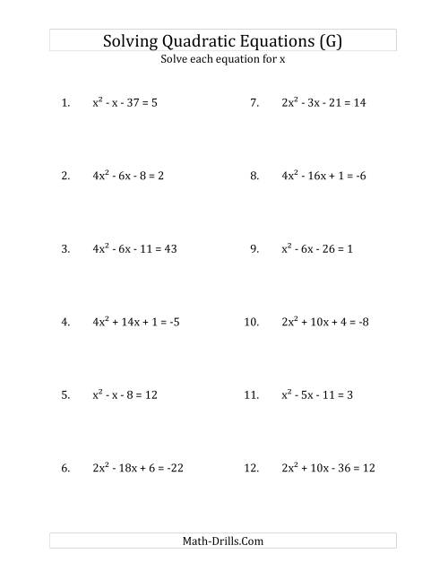 The Solving Quadratic Equations for x with 'a' Coefficients up to 4 (Equations equal an integer) (G) Math Worksheet