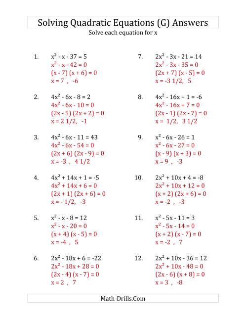 The Solving Quadratic Equations for x with 'a' Coefficients up to 4 (Equations equal an integer) (G) Math Worksheet Page 2