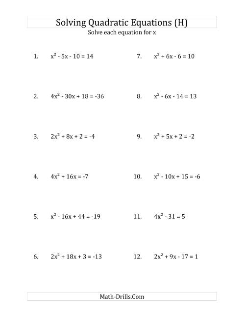 The Solving Quadratic Equations for x with 'a' Coefficients up to 4 (Equations equal an integer) (H) Math Worksheet