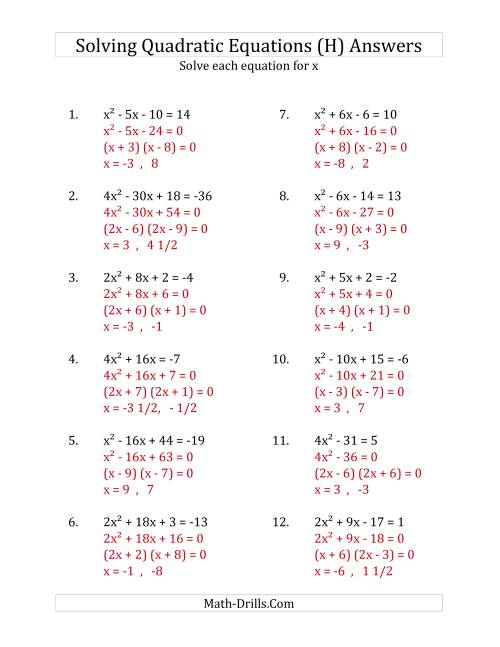 The Solving Quadratic Equations for x with 'a' Coefficients up to 4 (Equations equal an integer) (H) Math Worksheet Page 2