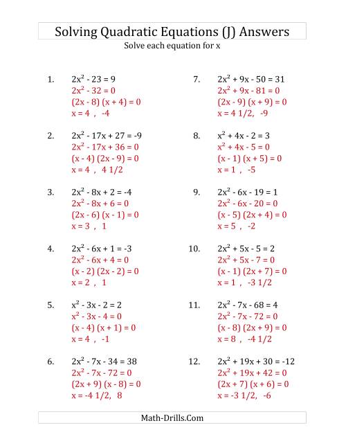 The Solving Quadratic Equations for x with 'a' Coefficients up to 4 (Equations equal an integer) (J) Math Worksheet Page 2