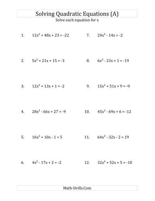 The Solving Quadratic Equations for x with 'a' Coefficients up to 81 (Equations equal an integer) (A) Math Worksheet