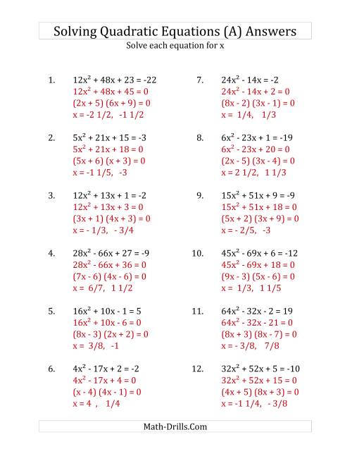 The Solving Quadratic Equations for x with 'a' Coefficients up to 81 (Equations equal an integer) (A) Math Worksheet Page 2