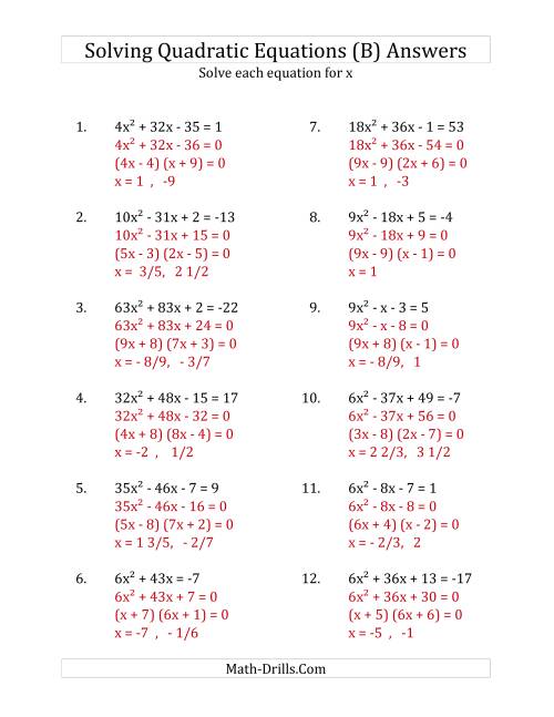 The Solving Quadratic Equations for x with 'a' Coefficients up to 81 (Equations equal an integer) (B) Math Worksheet Page 2
