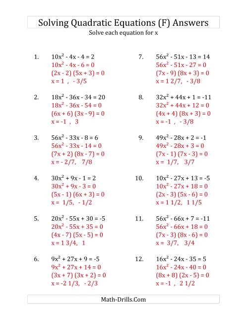 The Solving Quadratic Equations for x with 'a' Coefficients up to 81 (Equations equal an integer) (F) Math Worksheet Page 2