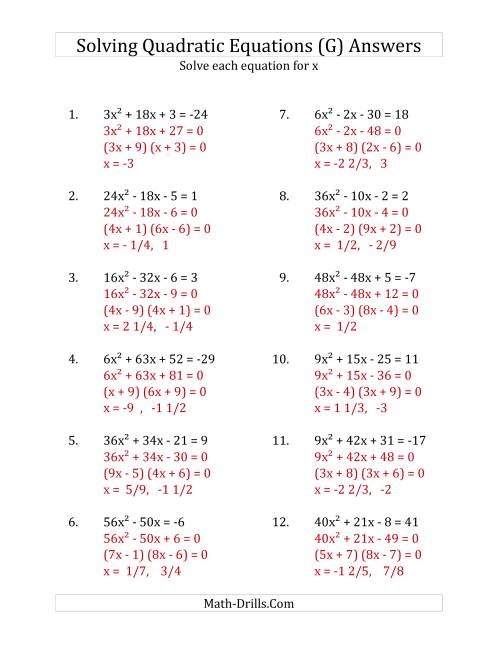 The Solving Quadratic Equations for x with 'a' Coefficients up to 81 (Equations equal an integer) (G) Math Worksheet Page 2