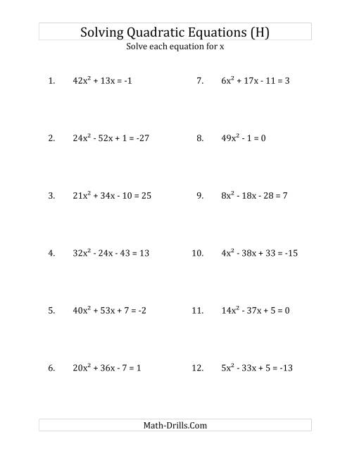 The Solving Quadratic Equations for x with 'a' Coefficients up to 81 (Equations equal an integer) (H) Math Worksheet