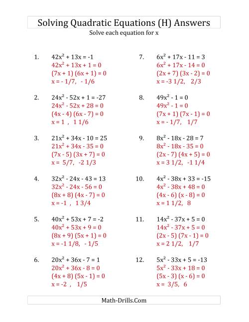 The Solving Quadratic Equations for x with 'a' Coefficients up to 81 (Equations equal an integer) (H) Math Worksheet Page 2