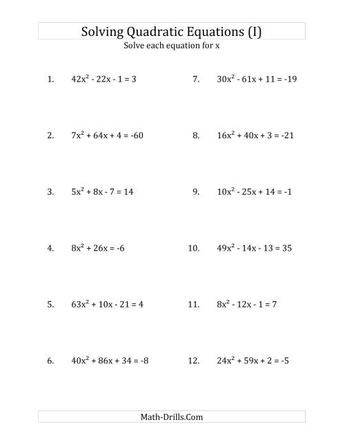 The Solving Quadratic Equations for x with 'a' Coefficients up to 81 (Equations equal an integer) (I) Math Worksheet