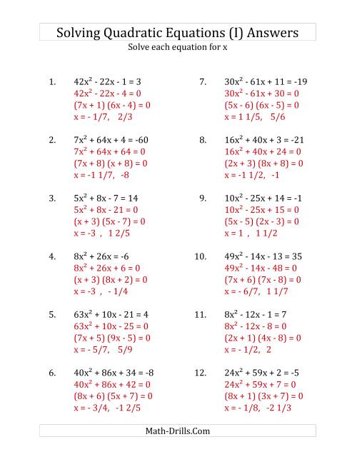 The Solving Quadratic Equations for x with 'a' Coefficients up to 81 (Equations equal an integer) (I) Math Worksheet Page 2