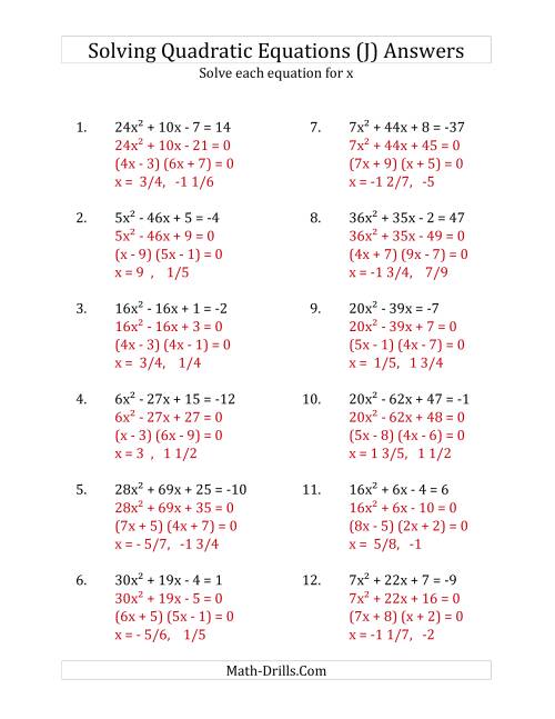 The Solving Quadratic Equations for x with 'a' Coefficients up to 81 (Equations equal an integer) (J) Math Worksheet Page 2