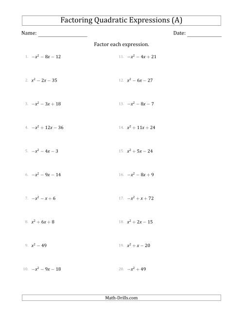 The Factoring Quadratic Expressions with Positive or Negative 'a' Coefficients of 1 (A) Math Worksheet