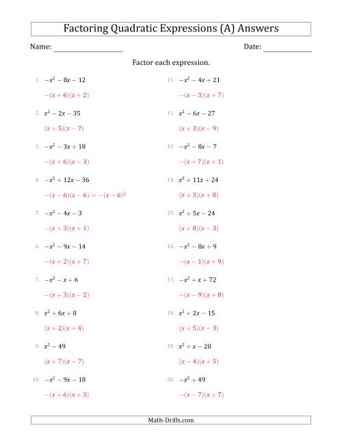 The Factoring Quadratic Expressions with Positive or Negative 'a' Coefficients of 1 (A) Math Worksheet Page 2