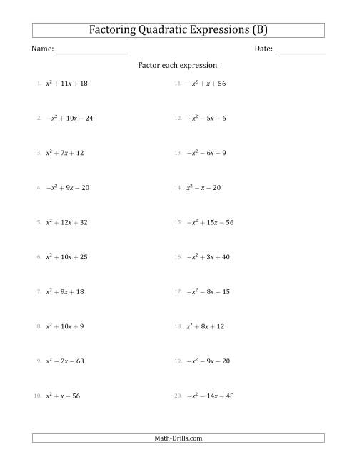 The Factoring Quadratic Expressions with Positive or Negative 'a' Coefficients of 1 (B) Math Worksheet