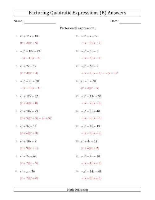 The Factoring Quadratic Expressions with Positive or Negative 'a' Coefficients of 1 (B) Math Worksheet Page 2