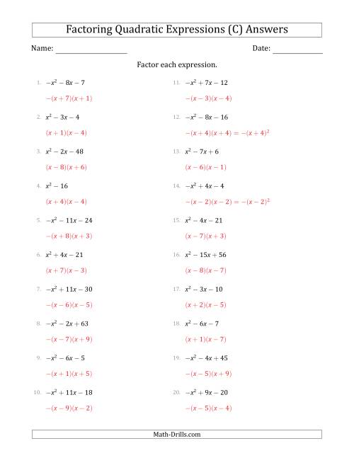 The Factoring Quadratic Expressions with Positive or Negative 'a' Coefficients of 1 (C) Math Worksheet Page 2