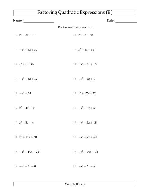 The Factoring Quadratic Expressions with Positive or Negative 'a' Coefficients of 1 (E) Math Worksheet