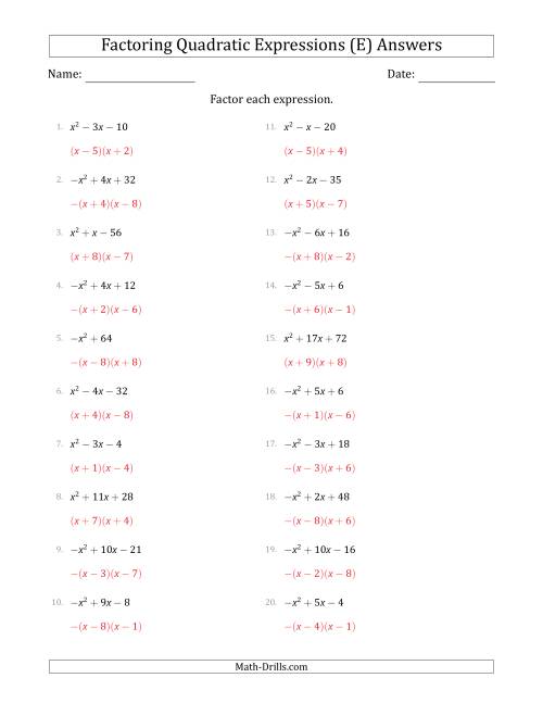 The Factoring Quadratic Expressions with Positive or Negative 'a' Coefficients of 1 (E) Math Worksheet Page 2