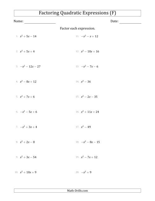 The Factoring Quadratic Expressions with Positive or Negative 'a' Coefficients of 1 (F) Math Worksheet