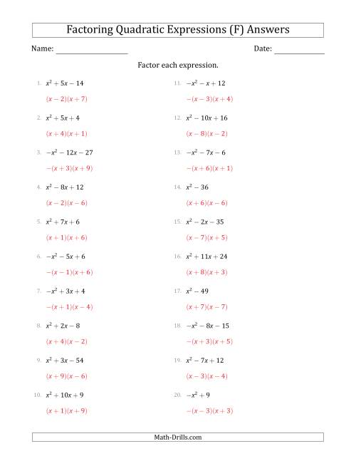 The Factoring Quadratic Expressions with Positive or Negative 'a' Coefficients of 1 (F) Math Worksheet Page 2