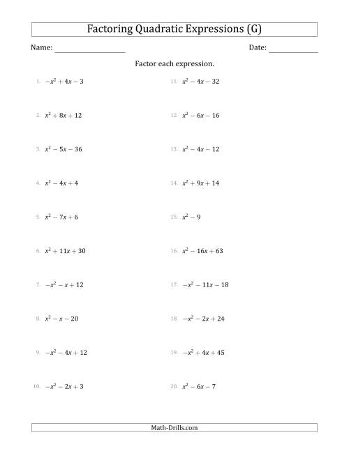 The Factoring Quadratic Expressions with Positive or Negative 'a' Coefficients of 1 (G) Math Worksheet