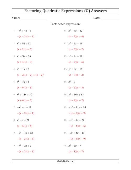 The Factoring Quadratic Expressions with Positive or Negative 'a' Coefficients of 1 (G) Math Worksheet Page 2