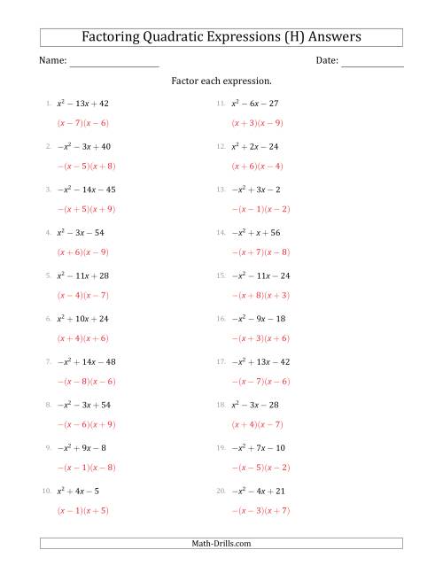 The Factoring Quadratic Expressions with Positive or Negative 'a' Coefficients of 1 (H) Math Worksheet Page 2