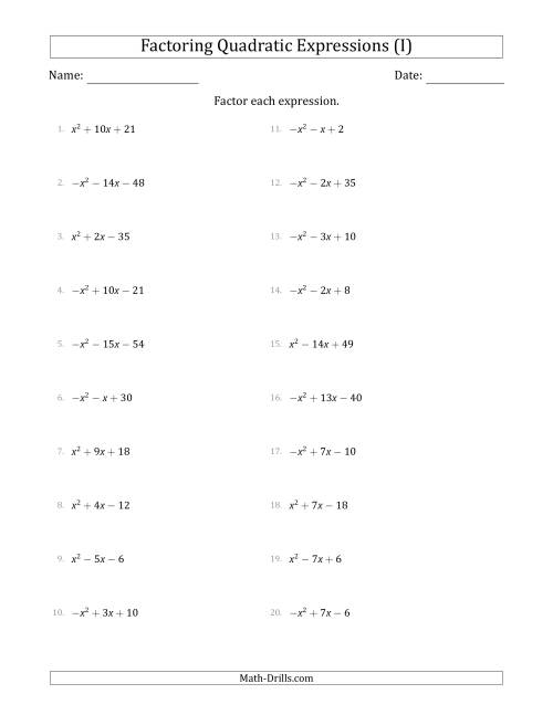 The Factoring Quadratic Expressions with Positive or Negative 'a' Coefficients of 1 (I) Math Worksheet