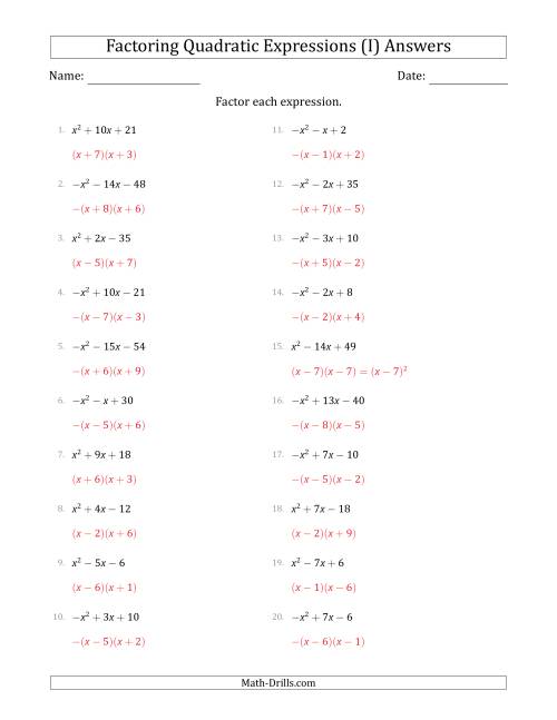 The Factoring Quadratic Expressions with Positive or Negative 'a' Coefficients of 1 (I) Math Worksheet Page 2