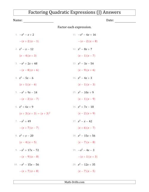 The Factoring Quadratic Expressions with Positive or Negative 'a' Coefficients of 1 (J) Math Worksheet Page 2