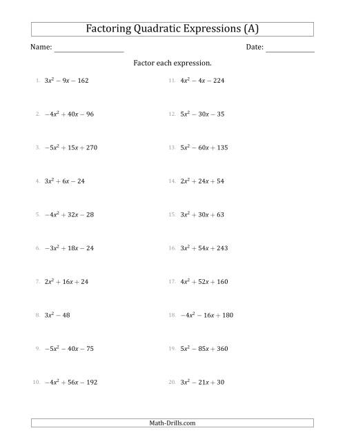 The Factoring Quadratic Expressions with Positive or Negative 'a' Coefficients of 1 with a Common Factor Step (A) Math Worksheet