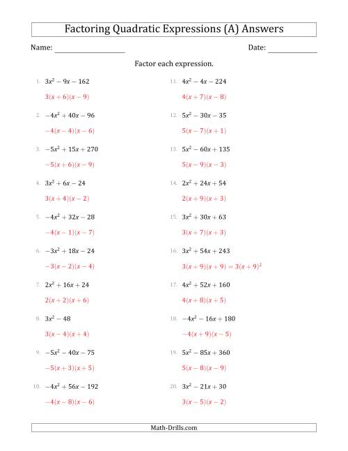 The Factoring Quadratic Expressions with Positive or Negative 'a' Coefficients of 1 with a Common Factor Step (A) Math Worksheet Page 2