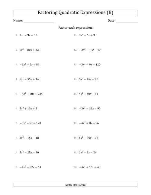 The Factoring Quadratic Expressions with Positive or Negative 'a' Coefficients of 1 with a Common Factor Step (B) Math Worksheet
