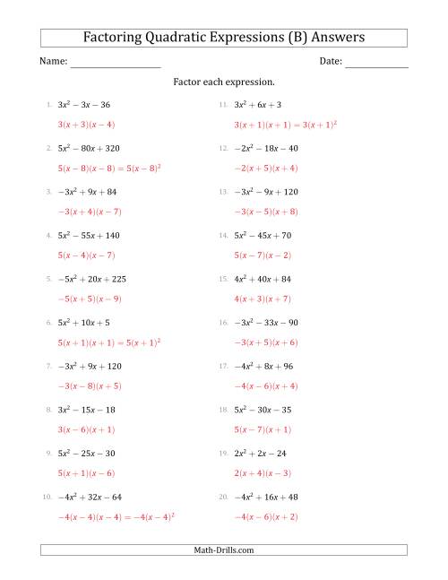 The Factoring Quadratic Expressions with Positive or Negative 'a' Coefficients of 1 with a Common Factor Step (B) Math Worksheet Page 2
