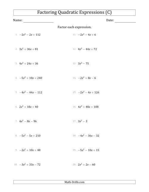 The Factoring Quadratic Expressions with Positive or Negative 'a' Coefficients of 1 with a Common Factor Step (C) Math Worksheet