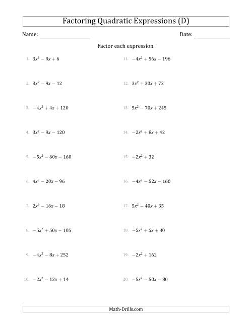 The Factoring Quadratic Expressions with Positive or Negative 'a' Coefficients of 1 with a Common Factor Step (D) Math Worksheet