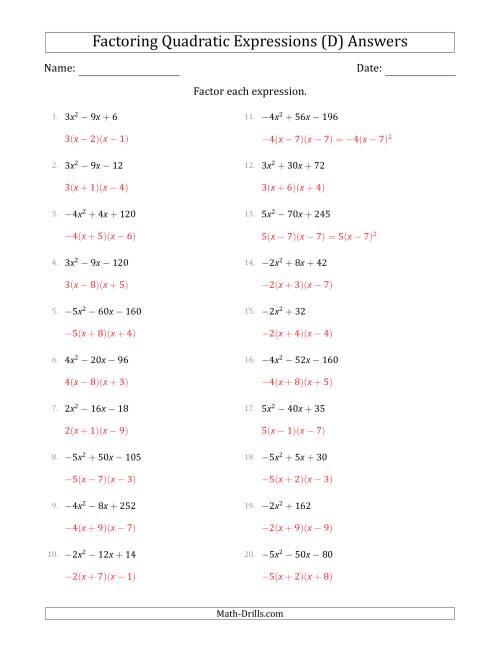 The Factoring Quadratic Expressions with Positive or Negative 'a' Coefficients of 1 with a Common Factor Step (D) Math Worksheet Page 2