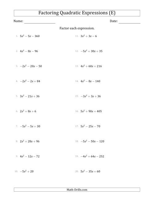 The Factoring Quadratic Expressions with Positive or Negative 'a' Coefficients of 1 with a Common Factor Step (E) Math Worksheet