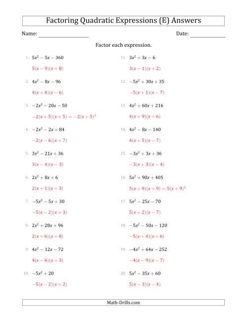 The Factoring Quadratic Expressions with Positive or Negative 'a' Coefficients of 1 with a Common Factor Step (E) Math Worksheet Page 2