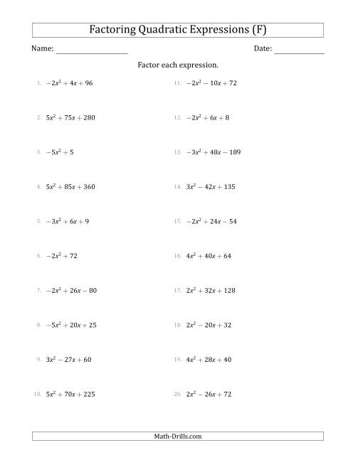 The Factoring Quadratic Expressions with Positive or Negative 'a' Coefficients of 1 with a Common Factor Step (F) Math Worksheet