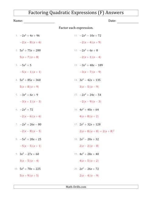 The Factoring Quadratic Expressions with Positive or Negative 'a' Coefficients of 1 with a Common Factor Step (F) Math Worksheet Page 2