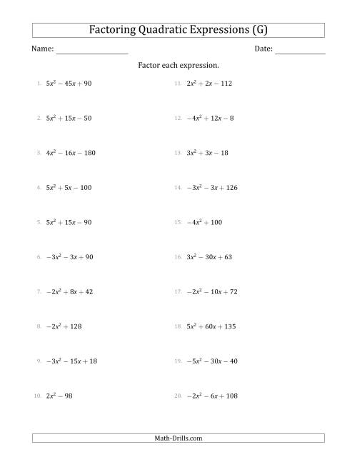 The Factoring Quadratic Expressions with Positive or Negative 'a' Coefficients of 1 with a Common Factor Step (G) Math Worksheet