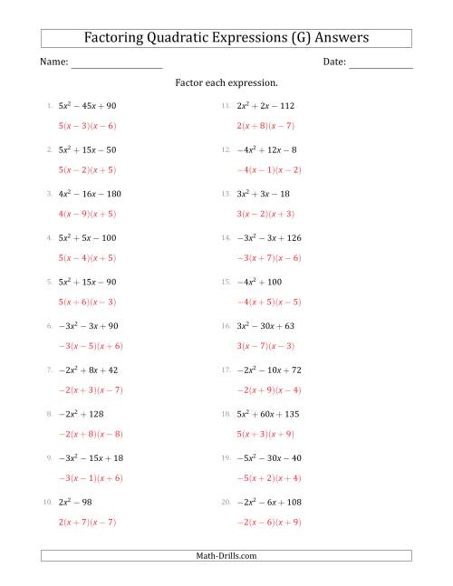 The Factoring Quadratic Expressions with Positive or Negative 'a' Coefficients of 1 with a Common Factor Step (G) Math Worksheet Page 2