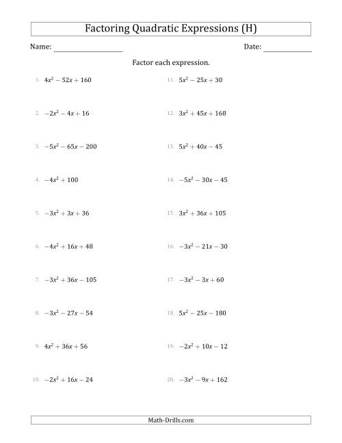 The Factoring Quadratic Expressions with Positive or Negative 'a' Coefficients of 1 with a Common Factor Step (H) Math Worksheet