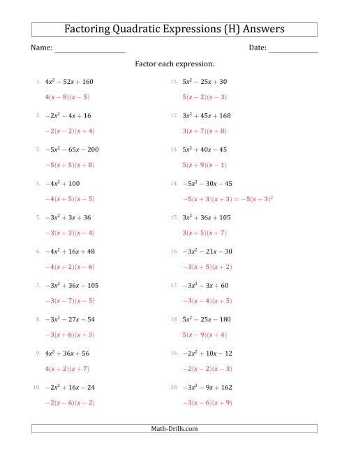 The Factoring Quadratic Expressions with Positive or Negative 'a' Coefficients of 1 with a Common Factor Step (H) Math Worksheet Page 2