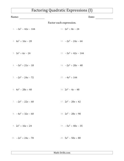The Factoring Quadratic Expressions with Positive or Negative 'a' Coefficients of 1 with a Common Factor Step (I) Math Worksheet