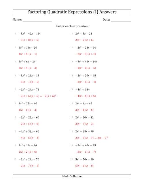 The Factoring Quadratic Expressions with Positive or Negative 'a' Coefficients of 1 with a Common Factor Step (I) Math Worksheet Page 2